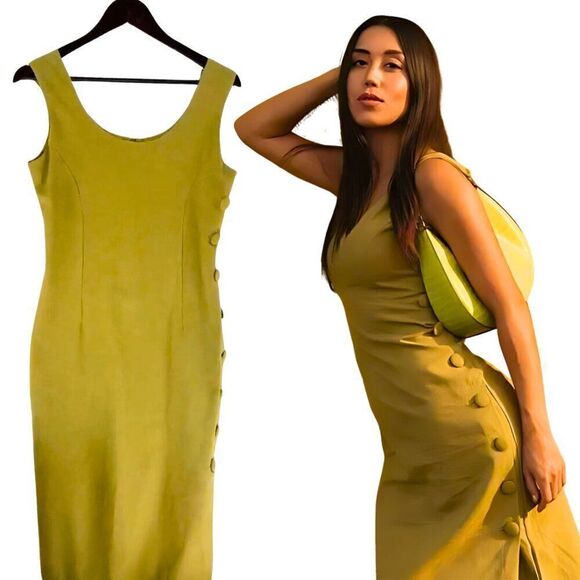 NWT Womens Sayuri Chartreuse Green Button Side Sleeveless Midi Dress - Picture 1 of 13